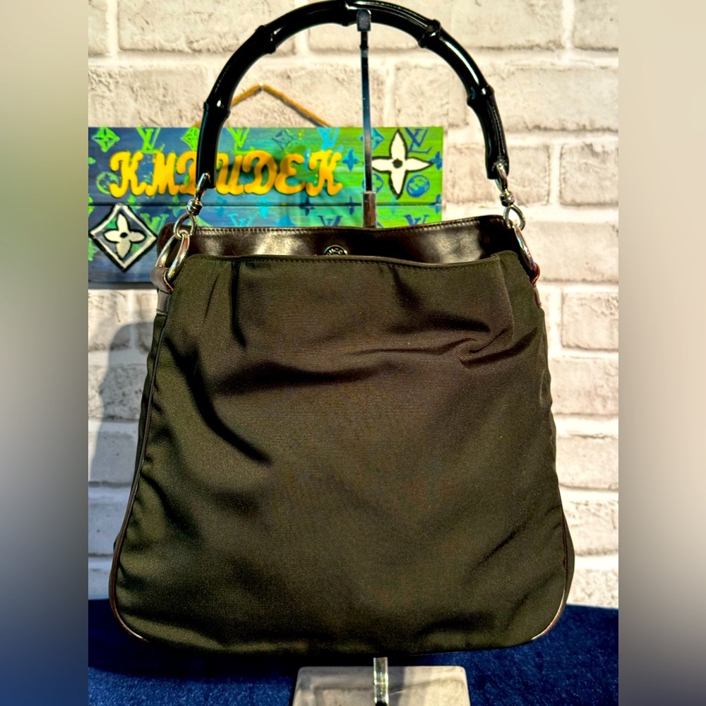 GUCCI Bamboo Shoulder Bag Nylon 2way Khaki Green with brown leather trim - Picture 9 of 15